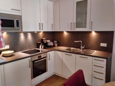 Küchenzeile mit Kochfeld/Backofen, Spülmaschine, Kühlschrank, Mikrowelle